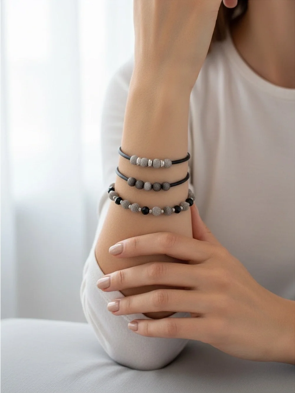 Sterling Silver & Black Beaded Women's Bracelet